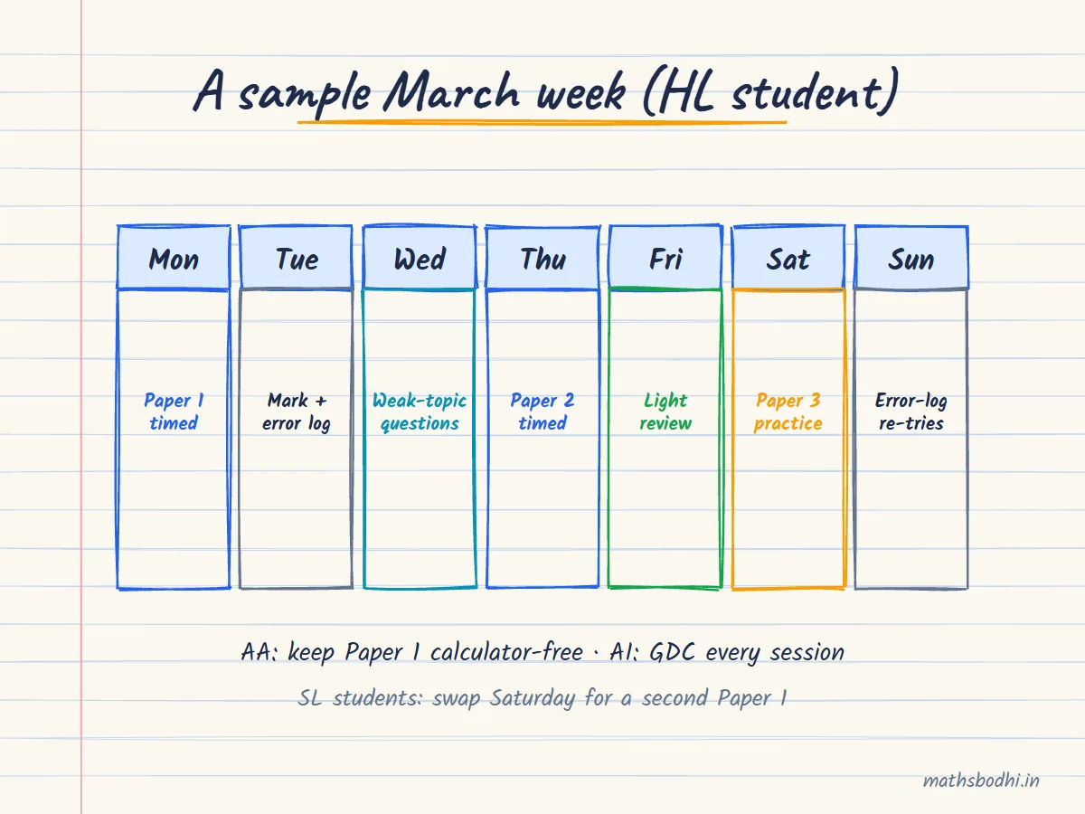 Hand-drawn weekly revision timetable for March 2027 with timed Paper 1, Paper 2 and HL Paper 3 sessions and error-log review